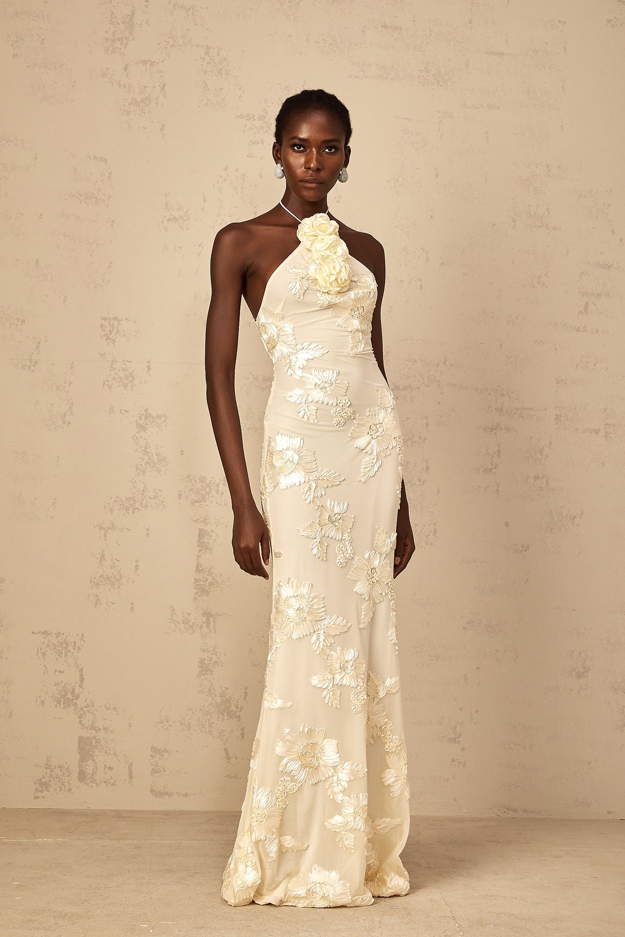Aurohaya Melanie Neutrals Embroidered Halterneck Maxi Dress