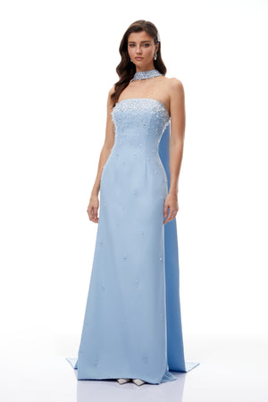 Aurohaya Arianna Blue Scarf Detail Embellished Maxi Gown