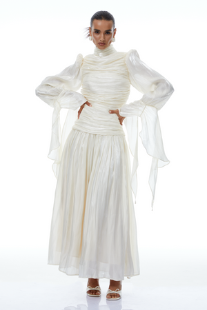 Aurohaya Sarolta Neutral Glossy Ruched Maxi Dress