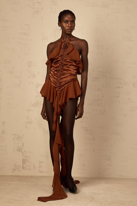 Aurohaya Léonie brown floral-appliqué ruched mini dress