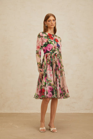 Aurohaya Coralie Pink Rose Print Summer Silk Midi Dress