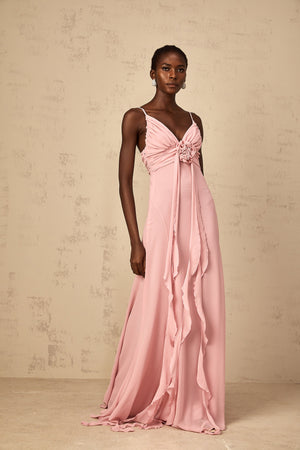 Aurohaya Ysandre Soft-Pink 3D Petal Tulle Maxi Dress