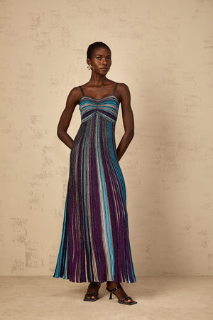 Aurohaya Bruyère Purple Sequin Striped Knit Maxi Dress