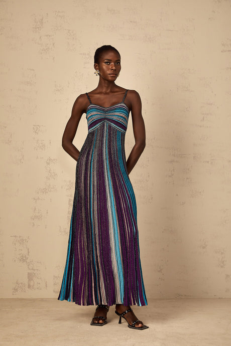 Aurohaya Bruyère Purple Sequin Striped Knit Maxi Dress