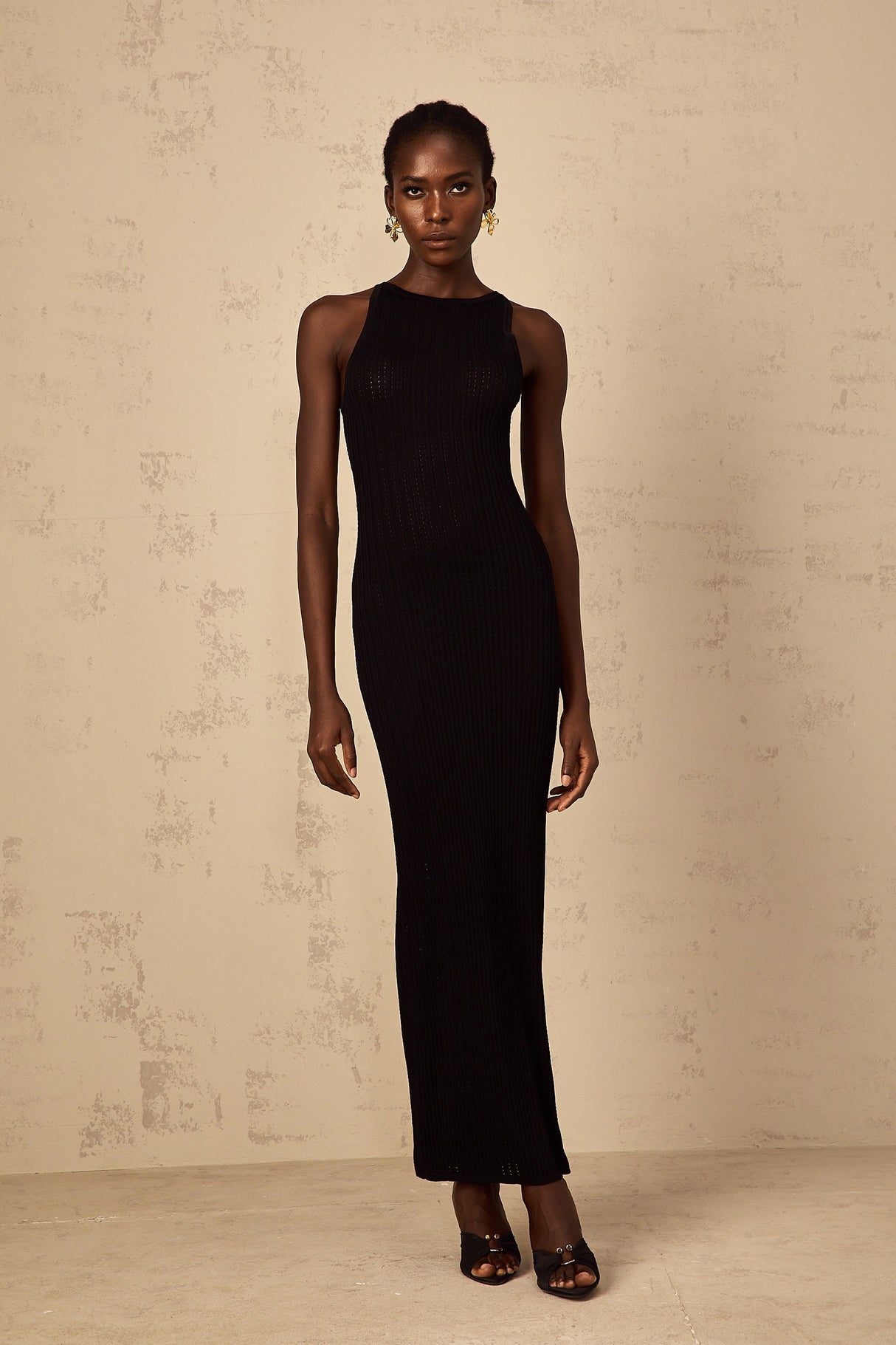 Aurohaya Déotille black fitted ribbed-knit maxi dress