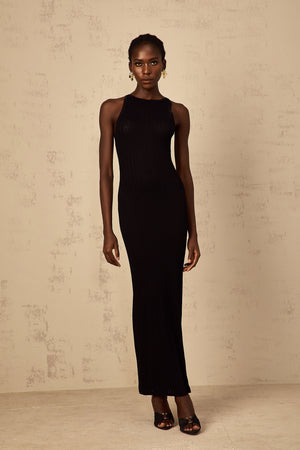 Aurohaya Déotille black fitted ribbed-knit maxi dress