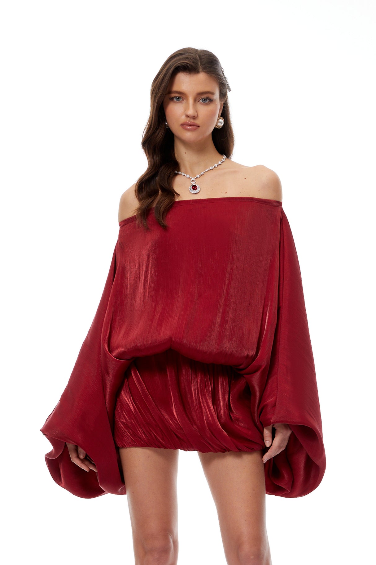 Aurohaya Patrizia Red Off Shoulder Glossy Mini Dress