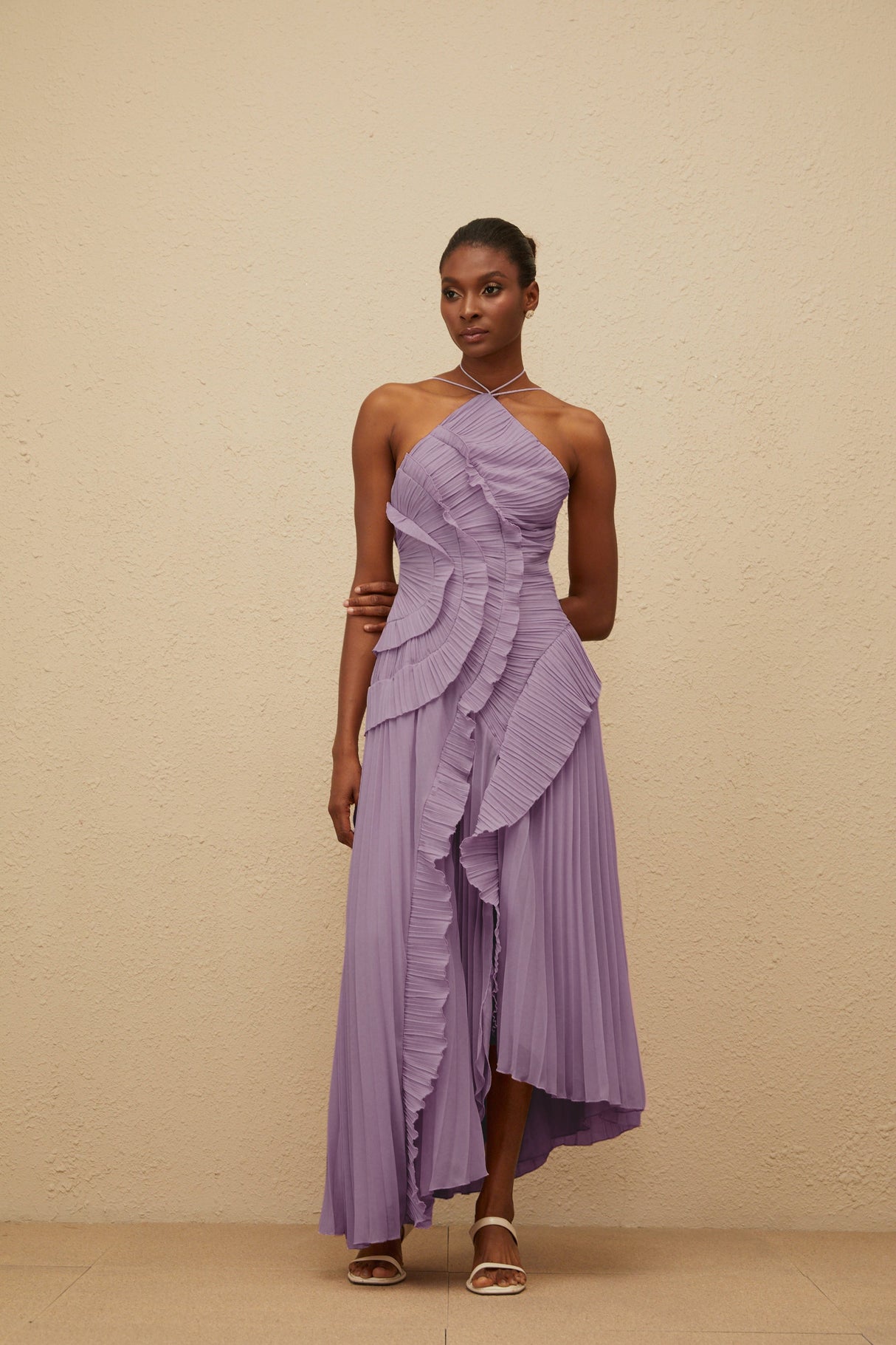 Aurohaya Doux Purple Ruffled Trim Pleated Midi Dress
