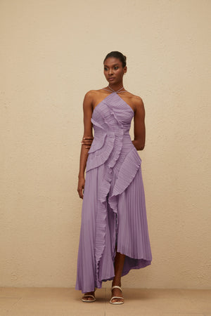 Aurohaya Doux Purple Ruffled Trim Pleated Midi Dress