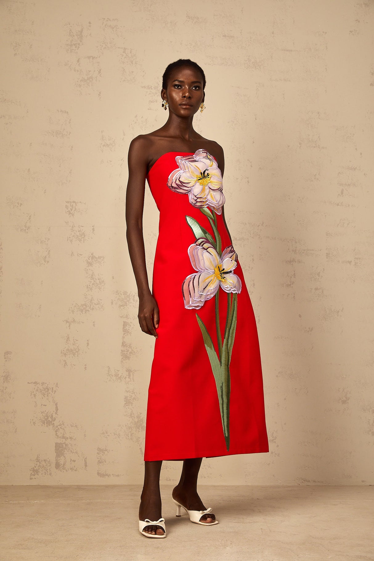 Aurohaya Irène Sequin Embroidered Off-Shoulder Midi Dress in Red