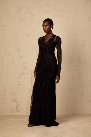 Aurohaya Ursula black floral-lace mermaid maxi dress