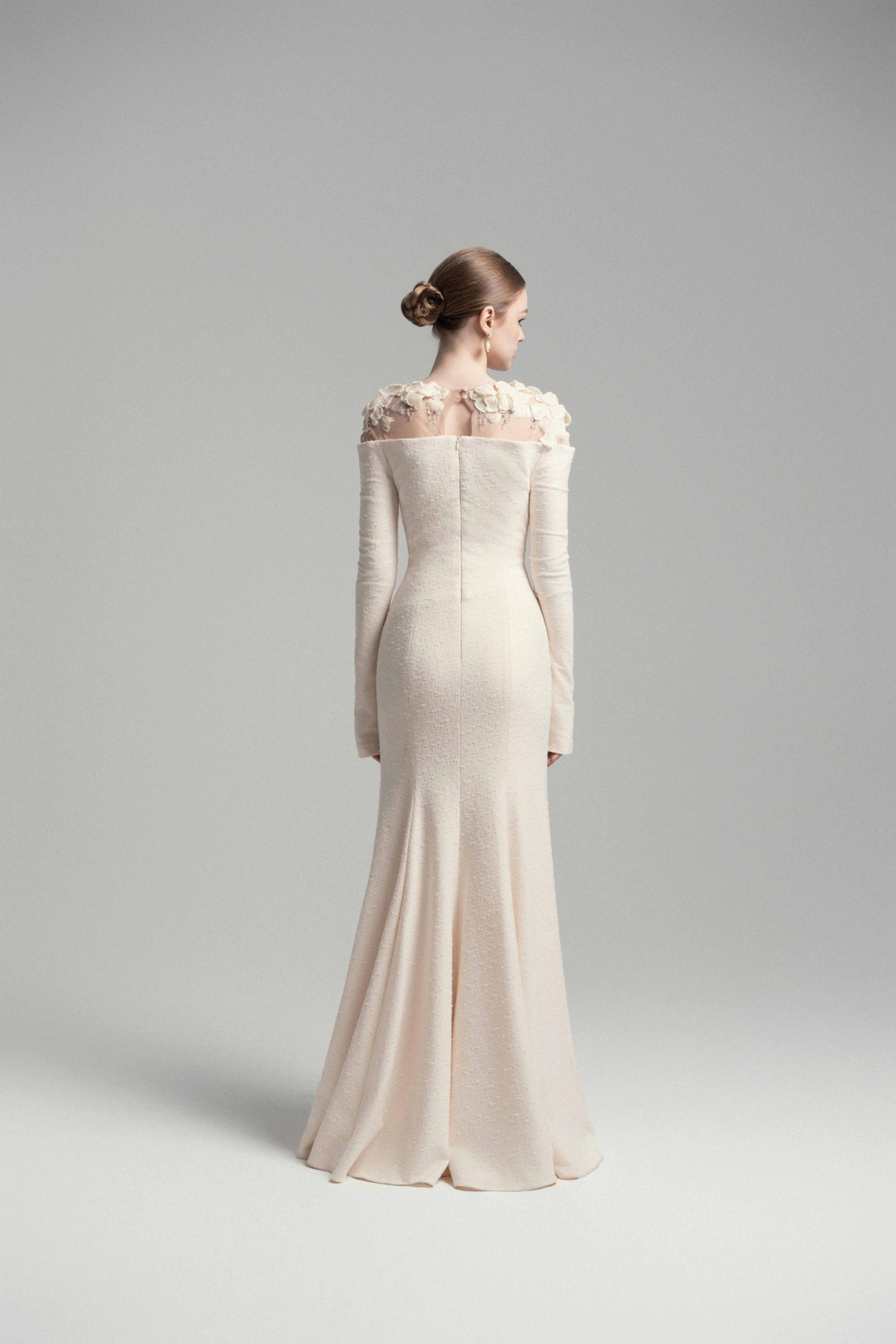 Aurohaya Silvia White Floral Appliqué Off-Shoulder Gown