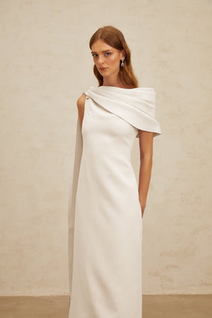 Aurohaya Annabelle White Cape-Design Ribbon Maxi Dress