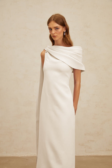Aurohaya Annabelle White Cape-Design Ribbon Maxi Dress