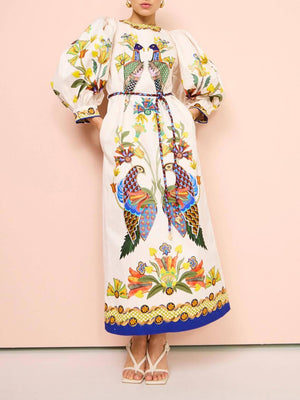 Aurohaya Exquisite And Fun Printed Puff Sleeves Loose Casual Midi Dress white