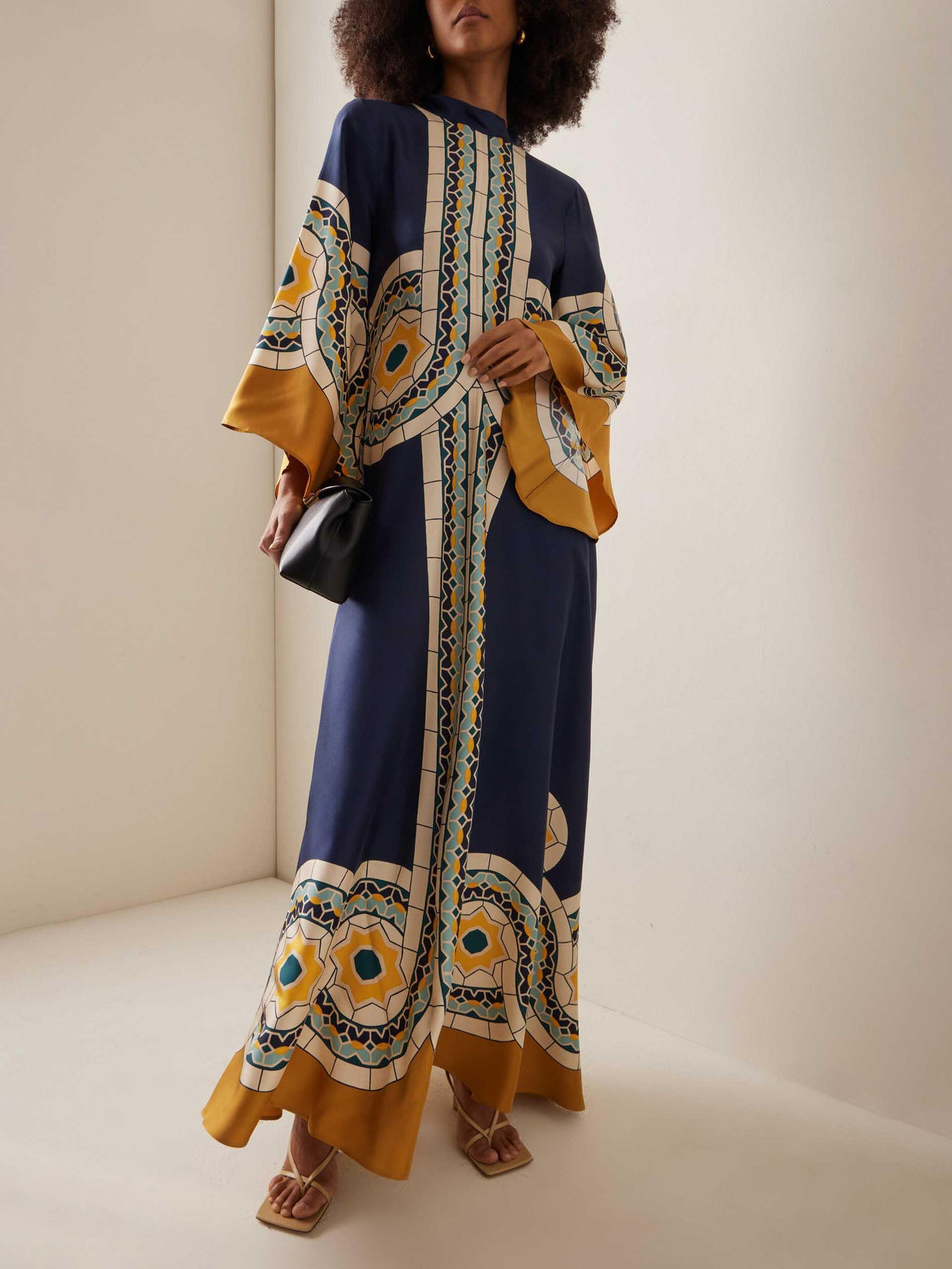 Aurohaya Elegant Vintage Art Print Maxi Dress Navy blue