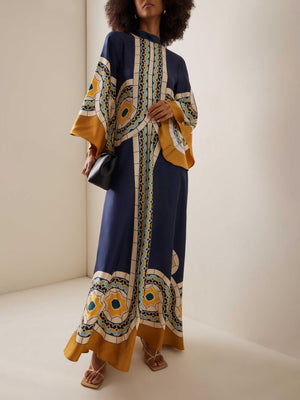 Aurohaya Elegant Vintage Art Print Maxi Dress Navy blue
