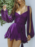 Sexy V-neck Lantern Sleeves Flowy Mini Dress