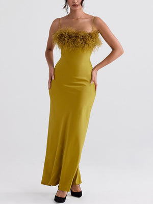 Aurohaya Delicate Satin Feather Neck Sling Midi Dress