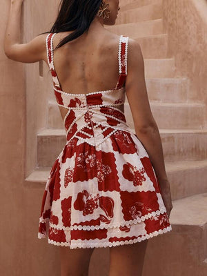 Aurohaya Floral Decorative Unique Print V-Neck Hollow A-Line Mini Dress