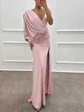 Fashion V-Neck Pleated Slit Sexy Maxi Dress