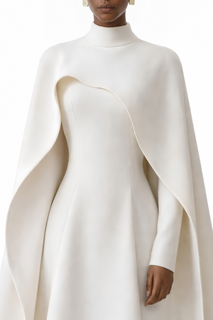Aurohaya Antonina White Cape Maxi Gown with Long Sleeves