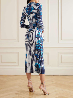Aurohaya Vintage Unique Rose Stripe Print Midi Dress