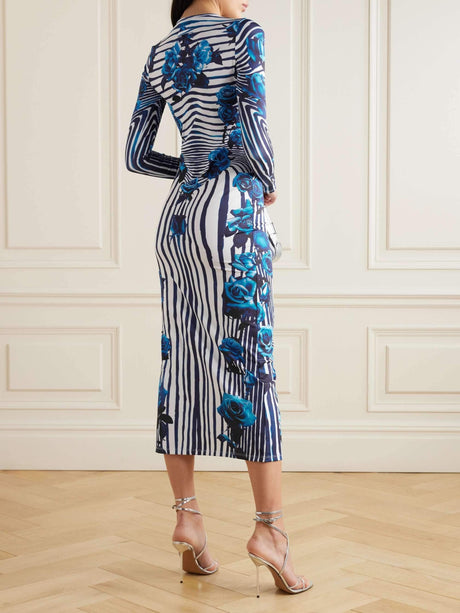 Aurohaya Vintage Unique Rose Stripe Print Midi Dress