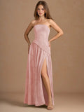 Elegant Strapless Slit Pleated Maxi Dress