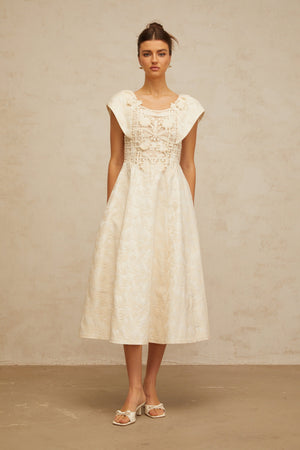 Aurohaya Xenia neutrals floral-embroidered embellished midi dress