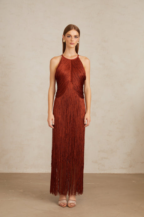 Aurohaya Mélisande Rusty Red Halterneck Fringed Maxi Gown