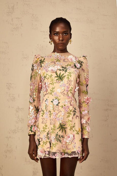 Aurohaya Jolien 3D Floral Appliqué Mini Dress in Pink