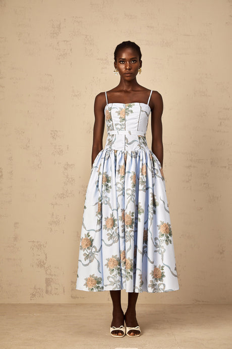 Aurohaya Fleur Blue Floral Print Midi Dress