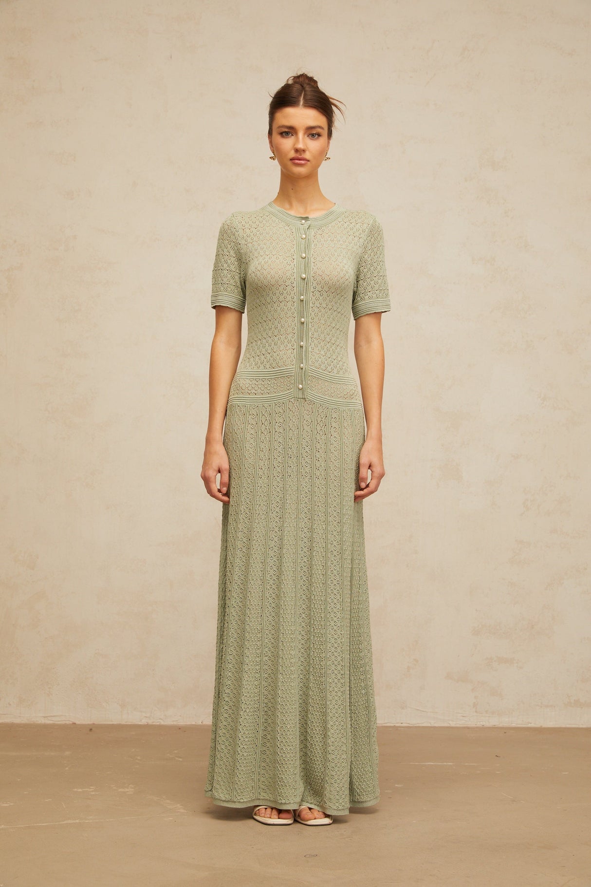 Aurohaya Siena Shirred Crochet-Knit Maxi Dress