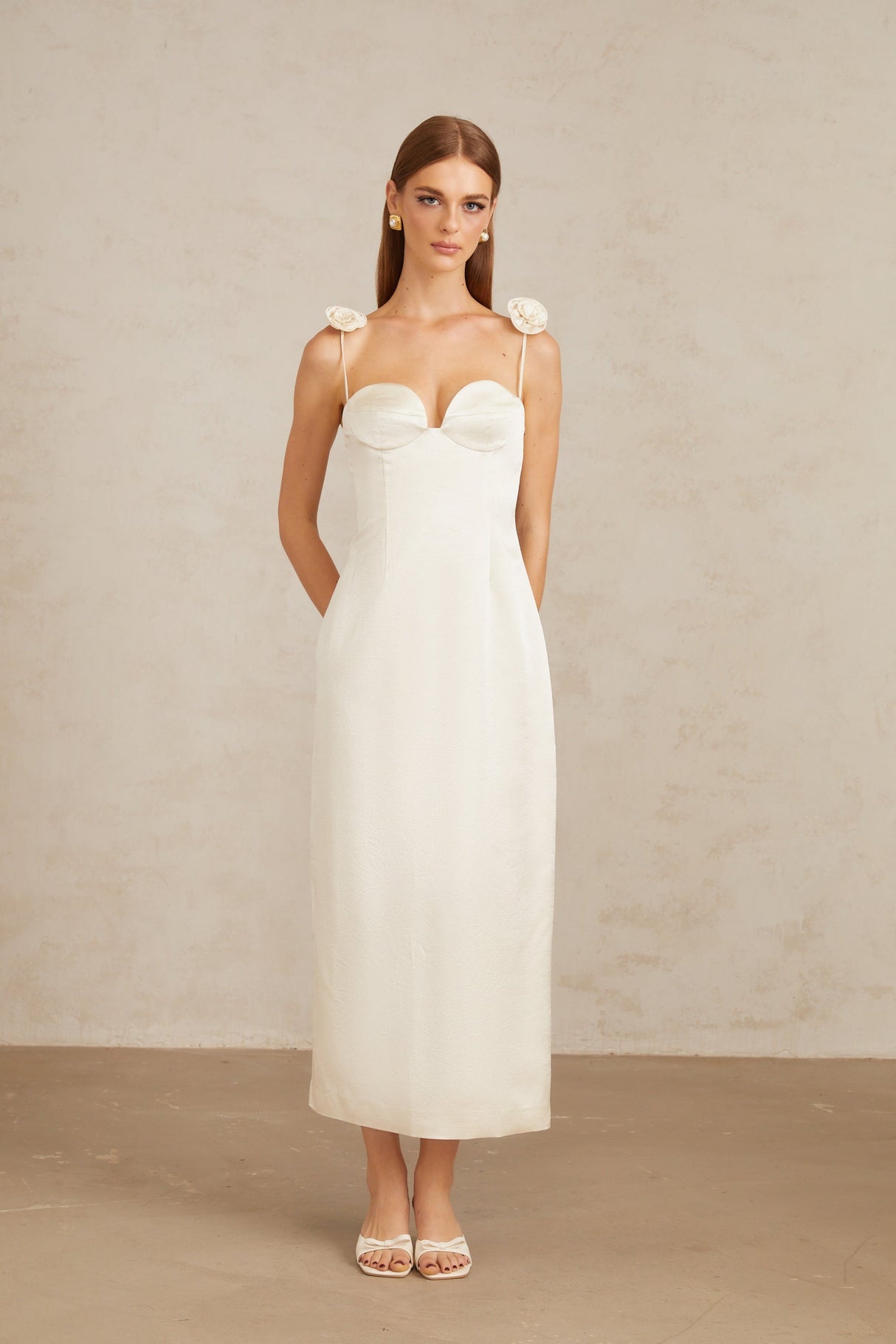 Aurohaya Ida White Floral Satin Midi Dress