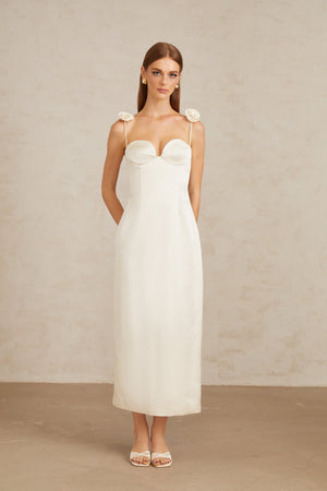 Aurohaya Ida White Floral Satin Midi Dress