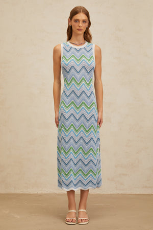 Aurohaya Solène Blue Chevron Knit Midi Dress