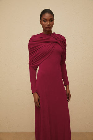 Aurohaya Moderne Red Cape-Design Ruched Maxi Dress
