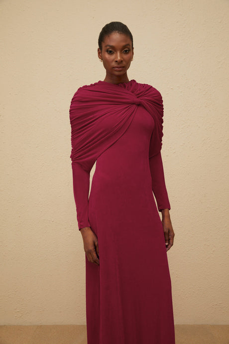Aurohaya Moderne Red Cape-Design Ruched Maxi Dress