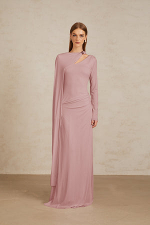 Aurohaya Josette Pink Diagonal Shawl Fitted Maxi Dress