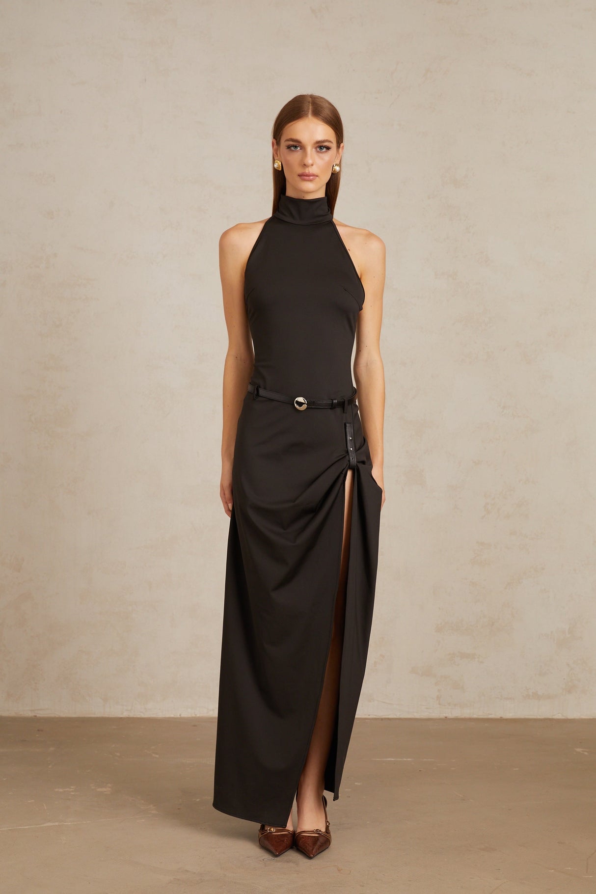 Aurohaya Uranie Black Gathered Halterneck Maxi Dress