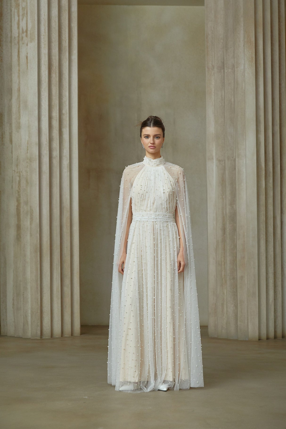 Aurohaya Louane white cape-design embellished tulle maxi dress