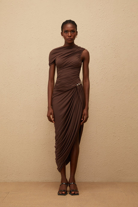Aurohaya Prune Brown Night Out Asymmetrical Ruched Midi Dress
