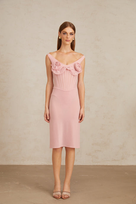 Aurohaya Aada Pink Fitted 3D Petal Midi Dress