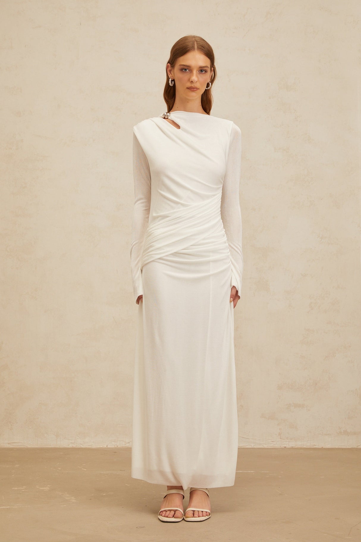Aurohaya Daneysha White Ruched Maxi Gown