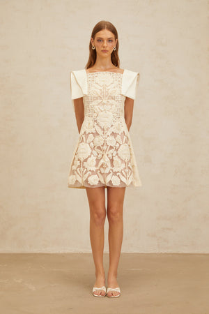 Aurohaya Léa White Floral Appliqué Crochet Mini Dress