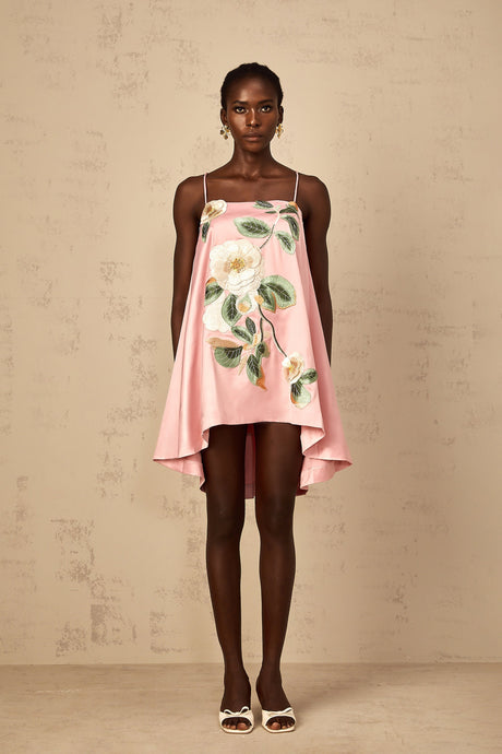 Aurohaya Avril Pink Floral Embroidered Satin Mini Dress