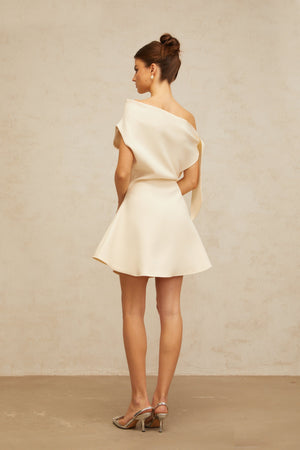 Aurohaya Colette cream-white self-tie-ribbon flared mini dress
