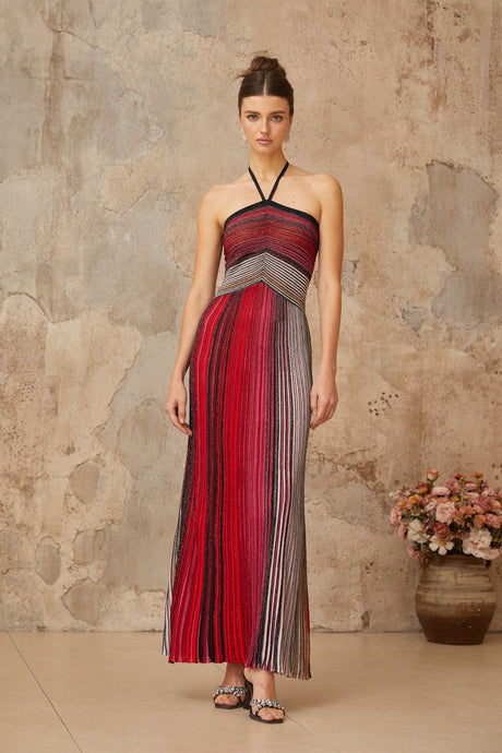 Aurohaya Ulysse Red Metallic Knit Halterneck Maxi Dress