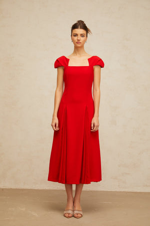 Aurohaya Gervaise red pleated-detail flared midi dress